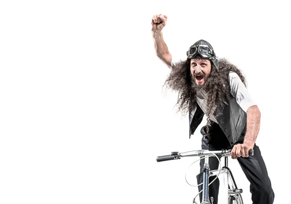 Retrato de un ciclista nerd haciendo un gesto de victoria — Foto de Stock