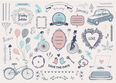 Vector Hand drawn doodle Love collection, illustration Sketchy icons. Big set for Valentine's day, wedding, love and romantic events. Frames, laurels, vintage design elements vector