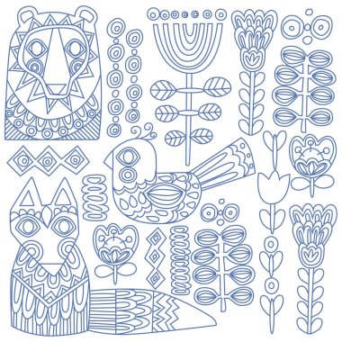 Kuzeyli tarzında kuşlar, hayvanlar ve çiçekler içeren vektör mavisi bir set. 