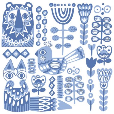 Mavi vektör kuşları ve bitkileri kuzey tarzında ayarla