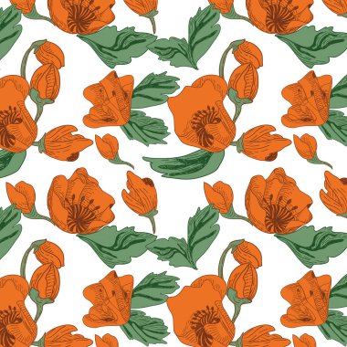 Çiçekler ve gelincik yapraklarıyla geçmişe dönük olarak renklendirilmiş vektör deseni