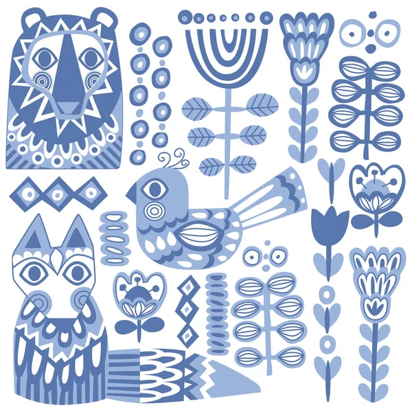 Mavi vektör kuşları ve bitkileri kuzey tarzında ayarla