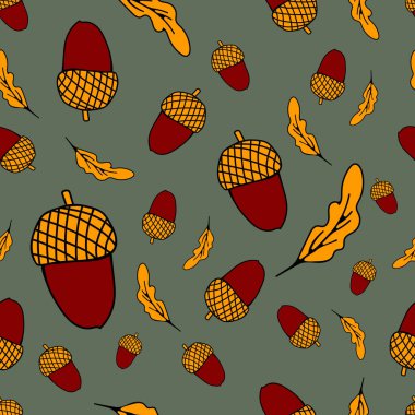 Meşe palamudunun kusursuz vektör çizimi ve yeşil-gri arka planda yapraklar. Kumaş ve baskı için uygun.