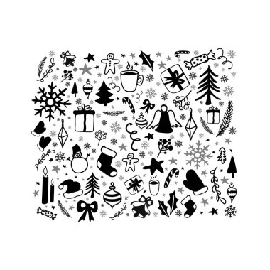 Noel karalamaları. Elle çizilmiş Xmas çizimleri. Kış ve Yeni Yıl siyah taslak simgeleri. Bayram tebrik kartı, hediye etiketi, etiket, etiket, afiş, poster, kartpostal için tasarım ögeleri