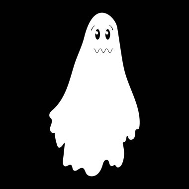 Cadılar Bayramı için karakter öğesi: korkutucu, uçan, siyah arka planda korkmuş yüzü olan beyaz hayalet. Çizgi film ürkütücü tasarımı. Vektör illüstrasyonu.