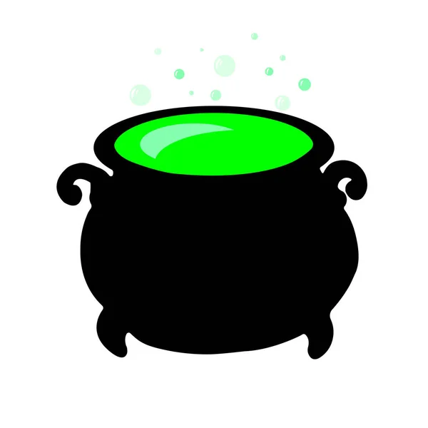 ハロウィンのキャラクター要素 白い背景に緑の液体を泡立てる黒い魔女の釜 漫画の不気味なデザイン ベクターイラスト — ストックベクタ