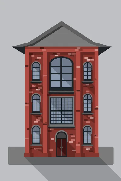 Old redbrick house with large windows. Urban architecture. Classical town architecture. Vector historical building. Cityscape old red brick house.