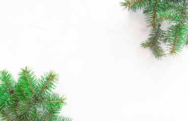 Noel tatilinin kompozisyonu. Noel arkaplanı. Yılbaşı ağacının Thuja dalları ve metin için kopyalama alanı olan koniler. Yukarıdan görüntüle