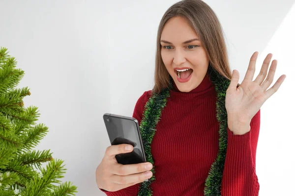 Christmas Online Greetings Close Photo Positive Young Woman Using Smartphone — Stock Photo, Image