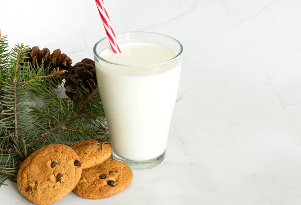 Melk Glass Med Sugerør Ved Siden Havrekaker Juledrinker Juletre Hvit – stockfoto