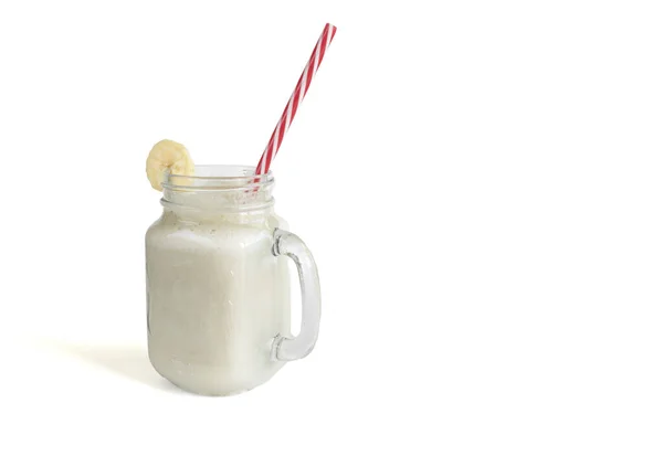 Färsk Banan Smoothie Glasburk Med Ett Sugrör Vit Isolerad Bakgrund — Stockfoto