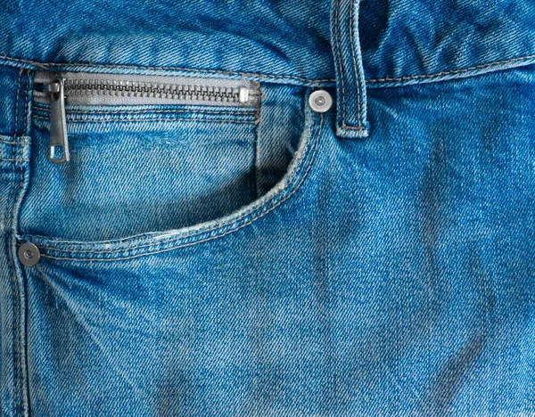 Blauwe Jeans Textuur Denim Blauwe Zak Rits Uitzicht Van Bovenaf — Stockfoto