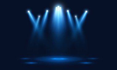 Mavi spot ışıkları sahneye yöneldi ve parlak bir ışık ve aksan yarattı. Konserler, gösteriler, olaylar ve arkaplan tasarımı için vektör illüstrasyonu.