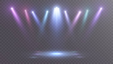 Aydınlatma sahnesinin etkisini yaratan çok renkli ışıklar ve aşağıya doğru parlak ışınlar. Konserler, festivaller, sunumlar ve sahne tasarımı için vektör ışıklandırma tasarımı.