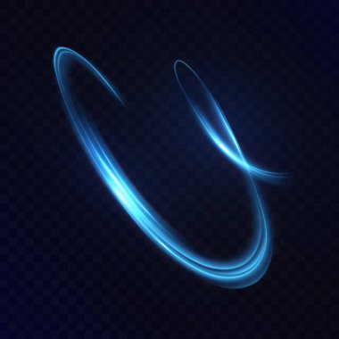 Parlak kıvrımlı parlak mavi ışık yayları ve koyu arkaplanda parlak hareket efekti. Bilim kurgu tasarımı, dijital sanat eserleri, soyut dekorasyon ve fantezi illüstrasyonları için gelecekteki enerji izleri.