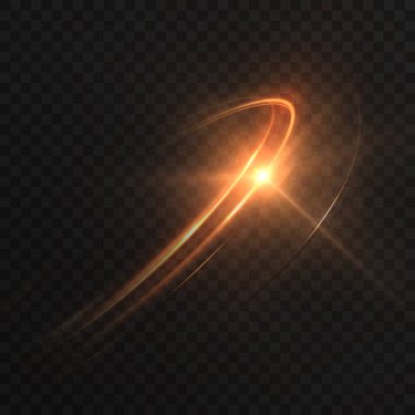 Parlak parlayan turuncu ışık yayı ve koyu arkaplanda ışıldayan parçacıklar. Dijital sanat eserleri, kozmik çizimler, bilim-kurgu tasarımı ve fantezi dekorasyonu için fütüristik aydınlatma efekti.