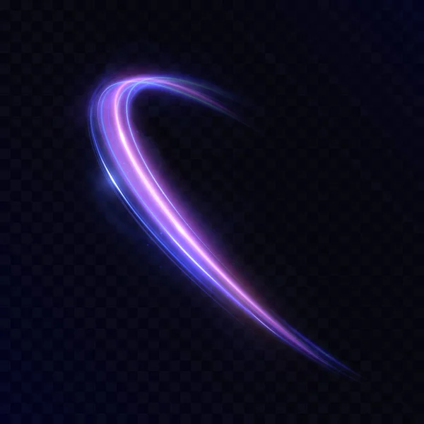 Karanlık arka planda parlak izi olan parlak mor ve mavi ışık yayı. Fantezi illüstrasyon, oyun efektleri, bilim kurgu tasarımı, dijital sanat eserleri ve soyut dekorasyon için sihirli enerji girdabı.