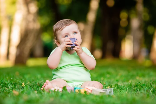 夏天穿着绿色紧身衣坐在草地上的可爱孩子们玩着发育玩具 1年以下儿童发展概念 — 图库照片