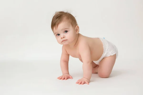 Healthy Baby Girl Months Old Diapers White Background Copy Space — Stock Photo, Image