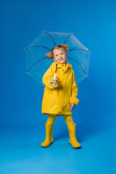 Cheerful girl in a raincoat and rubber boots standing on a blue background with a transparent umbrella. Copy space picture with placement for your text of advertisement