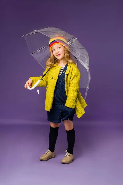 Chica Agradable Impermeable Amarillo Sombrero Colorido Que Sostiene Paraguas Transparente —  Fotos de Stock