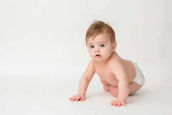 Menina Saudável Meses Idade Fraldas Fundo Branco Copiar Imagem Espaço — Fotografia de Stock