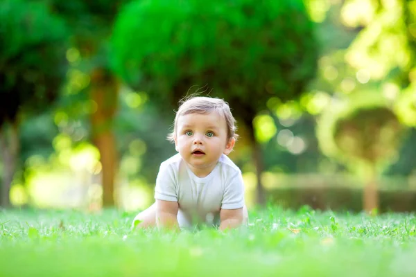 穿着白色紧身衣的可爱小男孩学会了爬行 健康的幼儿在绿草上爬行 — 图库照片
