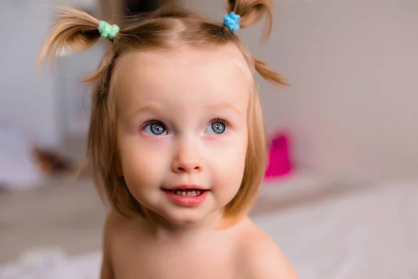 Retrato Niña Con Dos Bollos Sobre Fondo Gris Claro —  Fotos de Stock