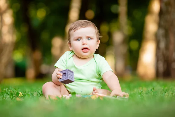 Мила Дитина Зеленому Костюмі Сидить Траві Влітку Грає Іграшками Кубиками — стокове фото