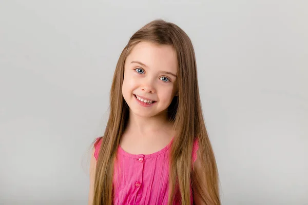 Portrait Little Girl Pink Dress White Background Kids Emotions Concept — Stock Photo, Image