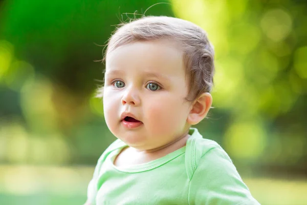 Cute Happy Toddler Boy White Bodysuit Sits Green Summer Grass — Stock Photo, Image