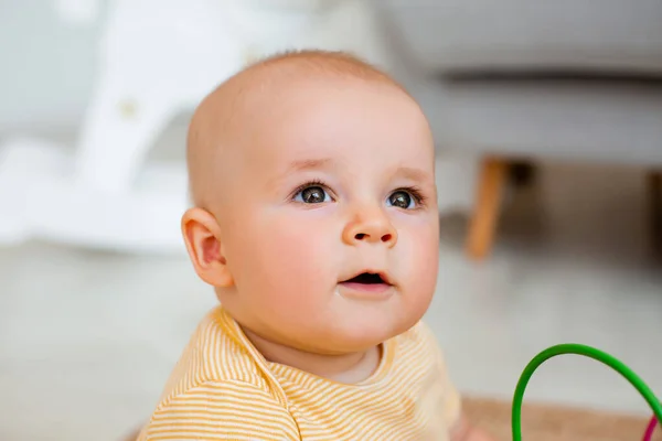 Portrait Little Baby Boy Yellow Striped Onesie — Stock Photo, Image