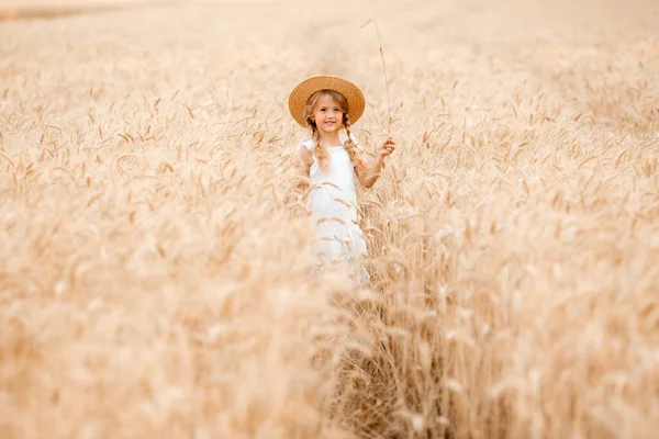 Hasır şapkalı sevimli küçük kız güneşli bir günde buğday tarlasında oynuyor.