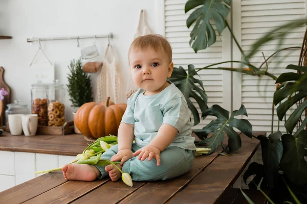 Ufaklık mutfakta masada oturuyor ve arkasında laleler ve canavarlar var.
