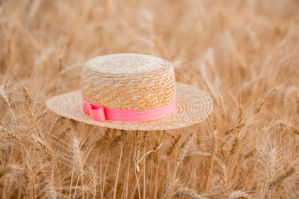 Strohoed Voor Kinderen Het Gebied Van Tarwe Zomer Kopieer Ruimte — Stockfoto