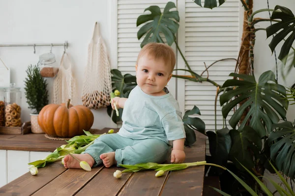 Ufaklık mutfakta masada oturuyor ve arkasında laleler ve canavarlar var.