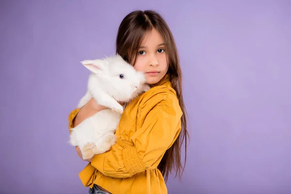 Sevimli küçük kız elinde tavşan tutuyor. 