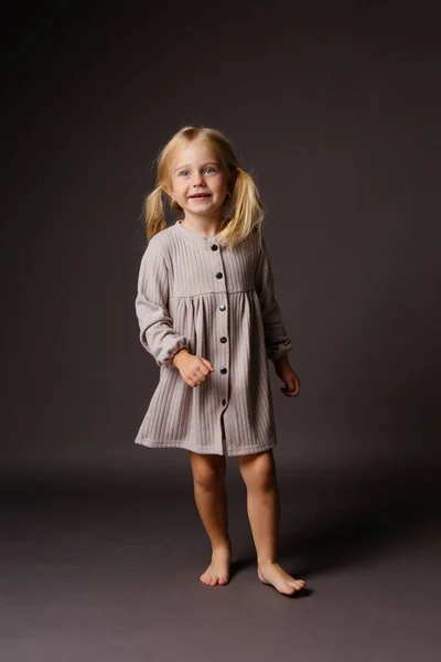 Stüdyoda Gri Elbiseli Şirin Küçük Kız — Stok fotoğraf