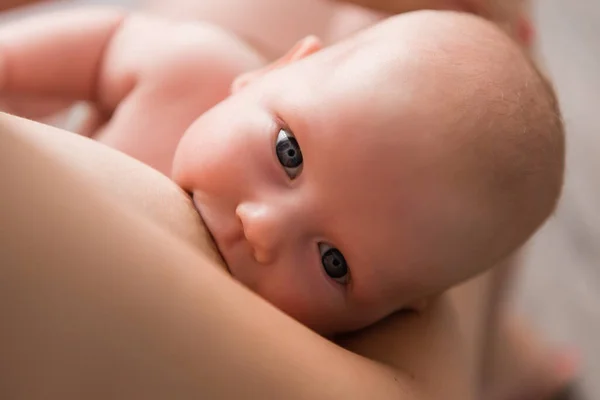 Close Mother Breast Feeding Her Newborn Baby Girl Home — Stock Photo, Image