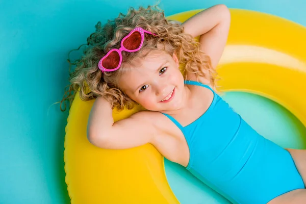 Cute Little Girl Yellow Pool Inflatable — Stock Photo, Image