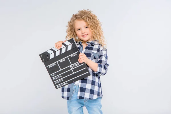 Roztomilý Malý Šťastný Dívka Pózování Studiu Clipper — Stock fotografie