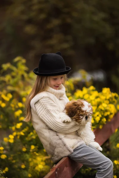 Schattig Klein Meisje Wandelingen Het Park Met Een Puppy — Stockfoto