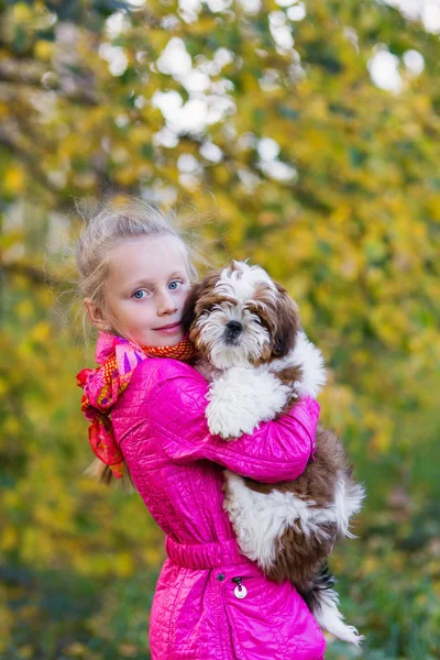 Schattig Meisje Shih Tzu Puppy Knuffelen — Stockfoto