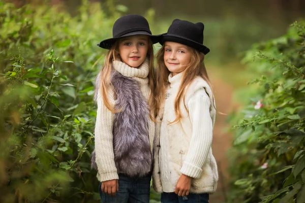 Dos Niñas Felices Están Igualmente Vestidas Con Chalecos Piel Sombreros — Foto de Stock