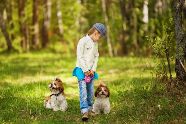 Lief Meisje Lopen Met Een Hond Het Park — Stockfoto