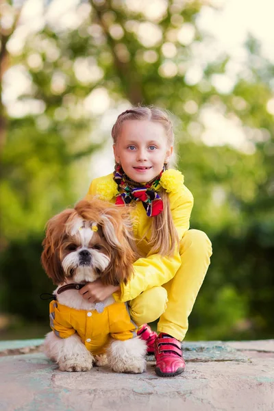Menina Cachorro Como Amigos Felizes Juntos Verão Natureza — Fotografia de Stock