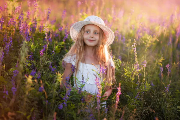 Retrato Linda Joven Con Pelo Largo Sombrero Atardecer Campo — Foto de Stock