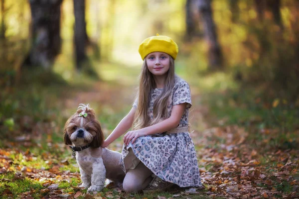 Portrait Une Petite Fille Dans Béret Jaune Avec Chien Tsu — Photo