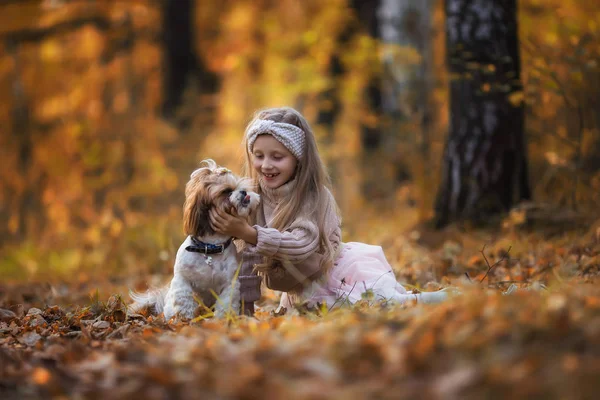 Schattig Klein Meisje Speelt Met Een Hond Herfst Park Lachen — Stockfoto