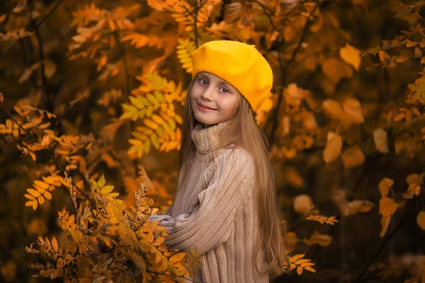 秋の公園で黄色い帽子でかわいい女の子の肖像画 — ストック写真